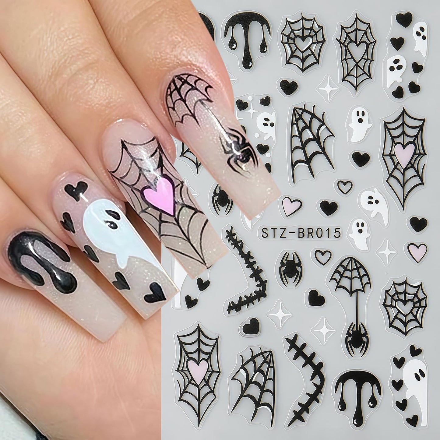 Halloween Nail Stickers for Nail Art 6 Sheets Self-Adhesive Spider Web Ghost Diamond Spider Bat Nail Art Stickers Halloween Spooky Decals Spiders Bat Sticker Holiday DIY Manicure Decoration for Women