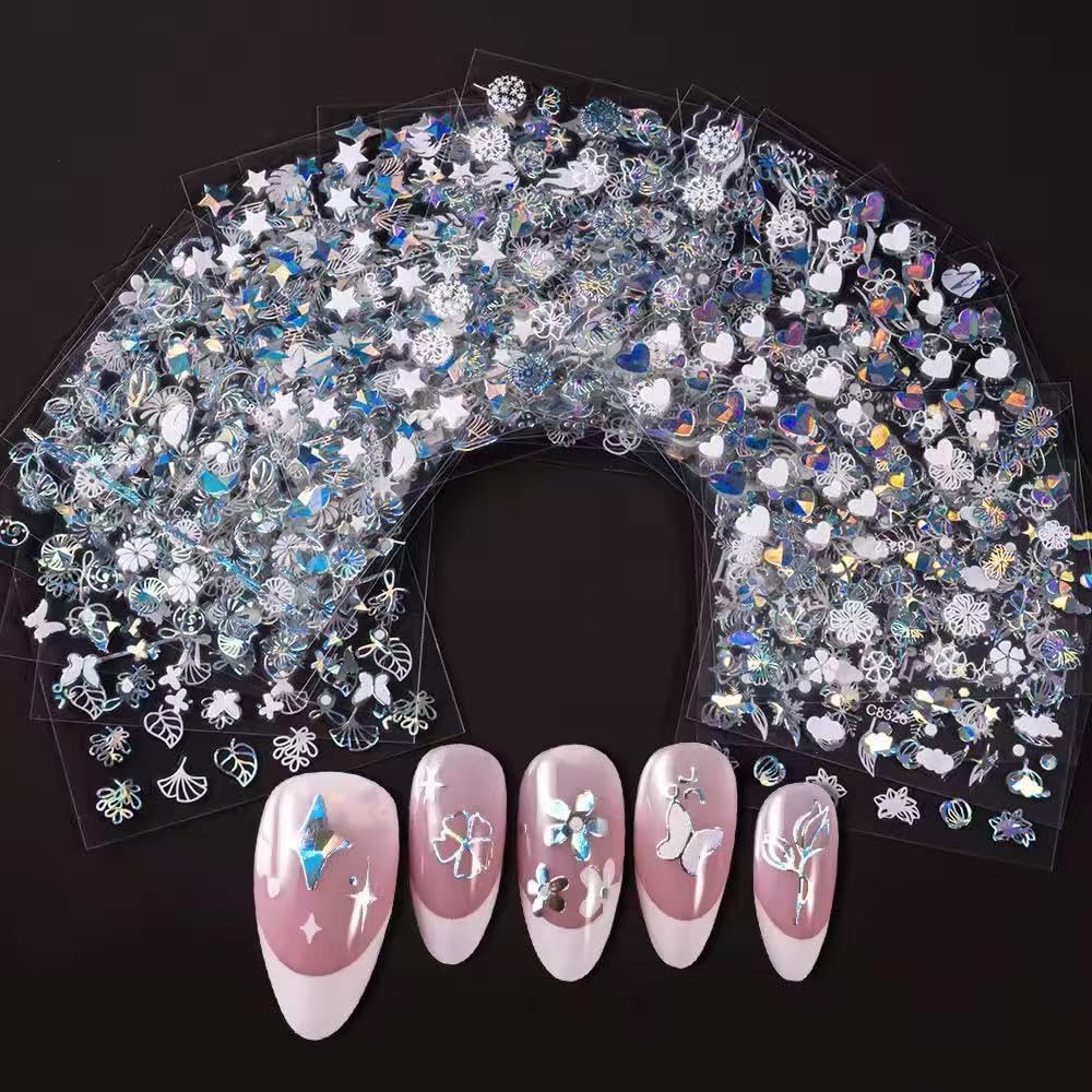 30 Sheets Aurora Flower Nail Art Stickers 3D Self Adhesive Flower Nail Stickers Aurora Moon Star Nail Decals Leaf Heart Nails Art Supplies Charms for Women Manicure Tips Decoration