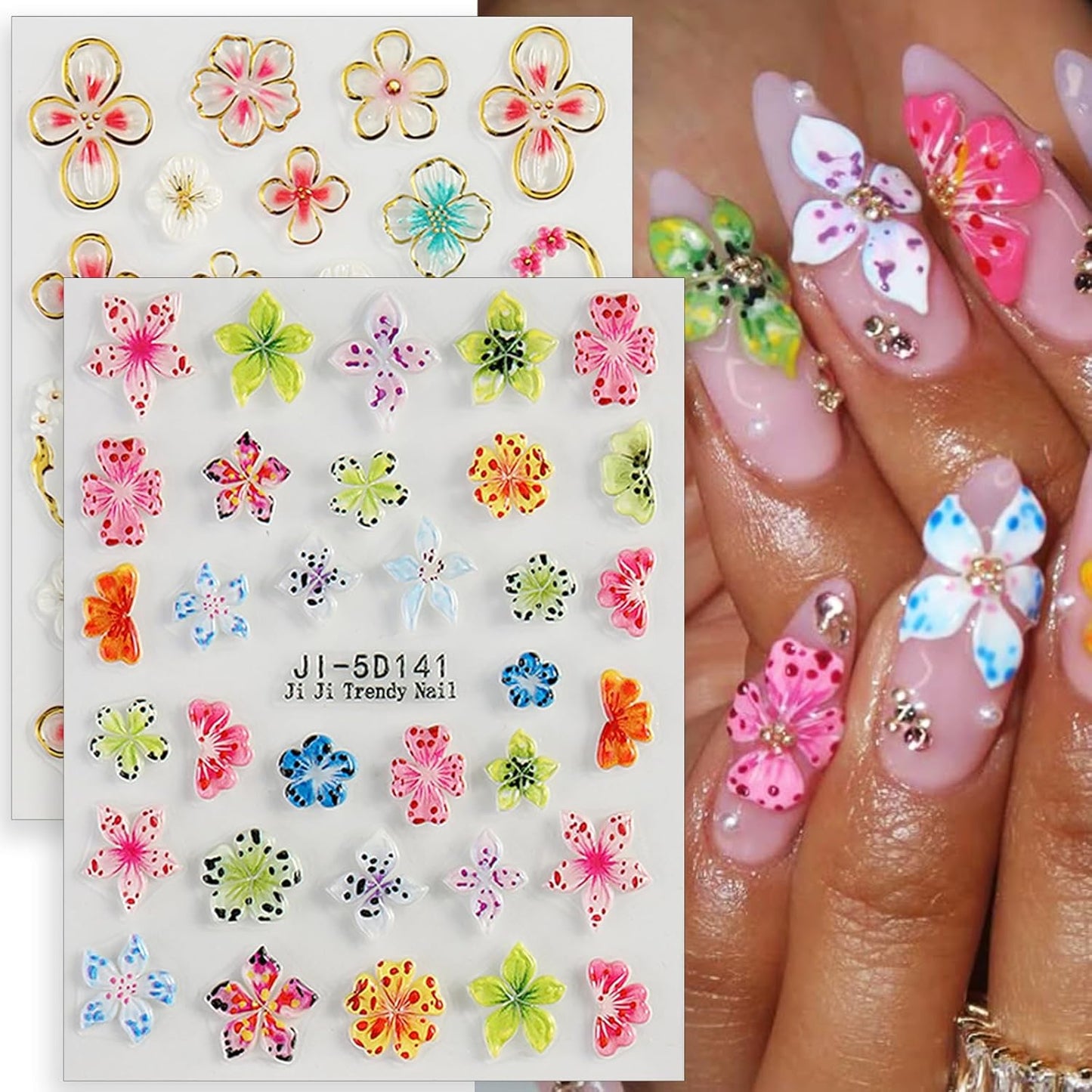 Flower Nail Stickers 5D Hibiscus Flower Stickers for Nails Lily Floral Nail Decals Self Adhesive Nail Art Design Sticker para Uñas Summer Nail Art Sticker for Women DIY Acrylic Nails Decor 2 Sheets