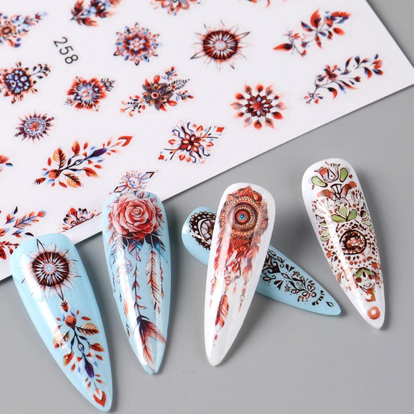 6 Sheets Bohemian Nail Art Stickers Decals Retro Feathers Nails Stickers for Nail Art Self-Adhesive Nails Decals