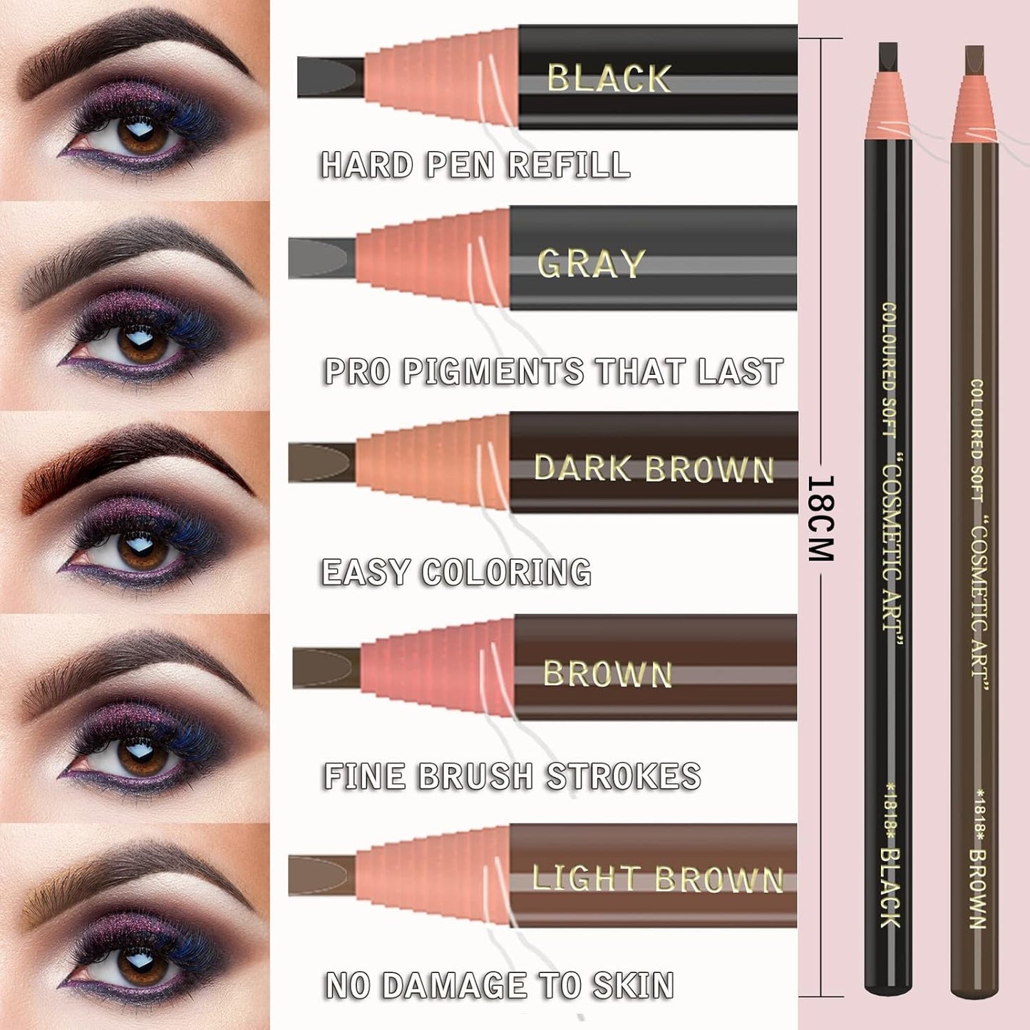 Eyebrow Pencils Brow Pencil Set For Marking, Filling And Outlining, Tattoo Makeup And Microblading Supplies Kit-Permanent Eye Brow Liners In, 12Pcs 5Colors(4Black6Brown2Gray）(Multicolor)