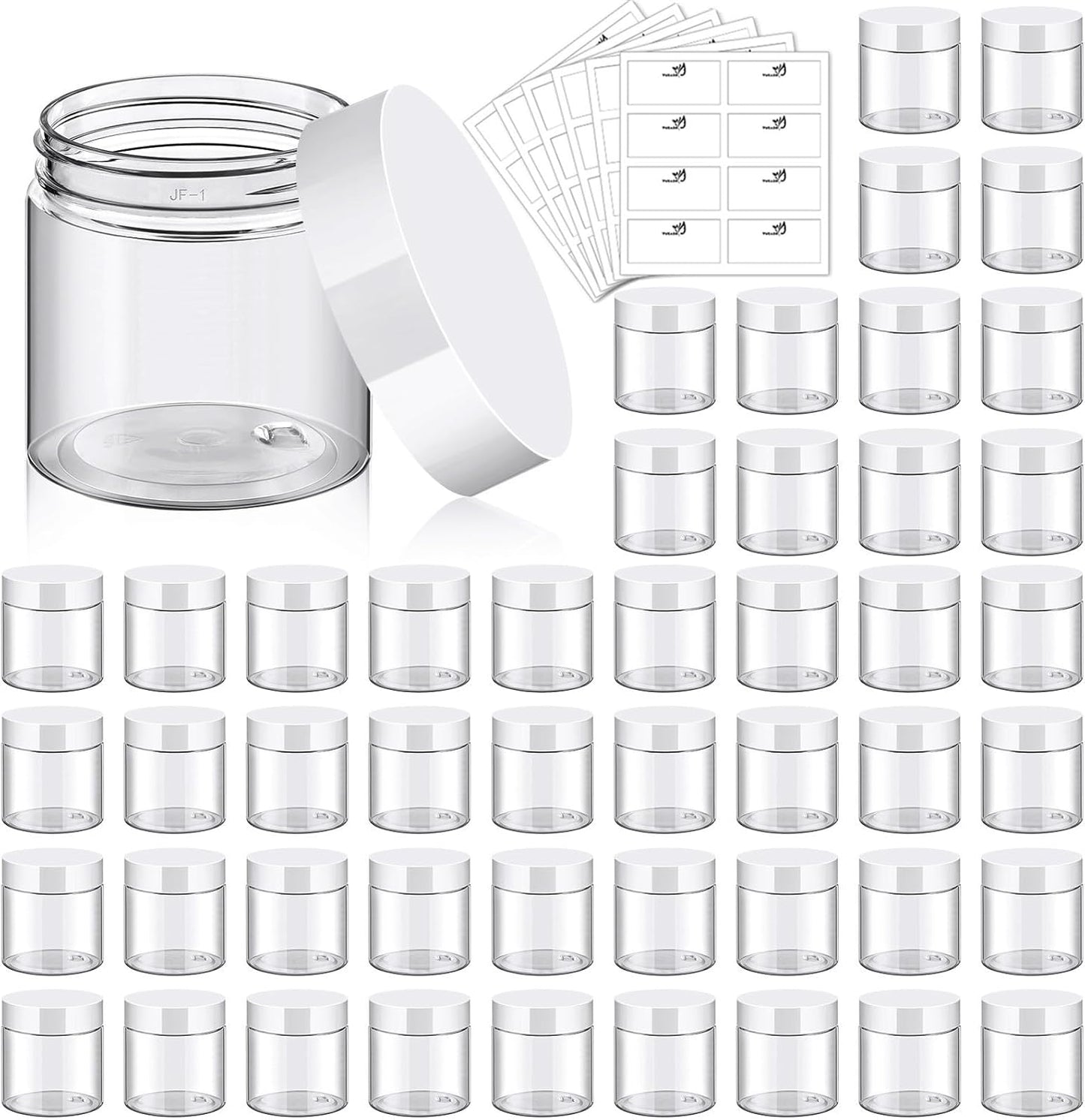 TUZAZO 48 Pack 4 Oz Plastic Container Jars with Lids and Labels BPA Free, Empty Round Clear Cosmetic Containers Plastic Slime Jars for Lotion, Cream, Ointments, Body Butter, Travel Storage (48)
