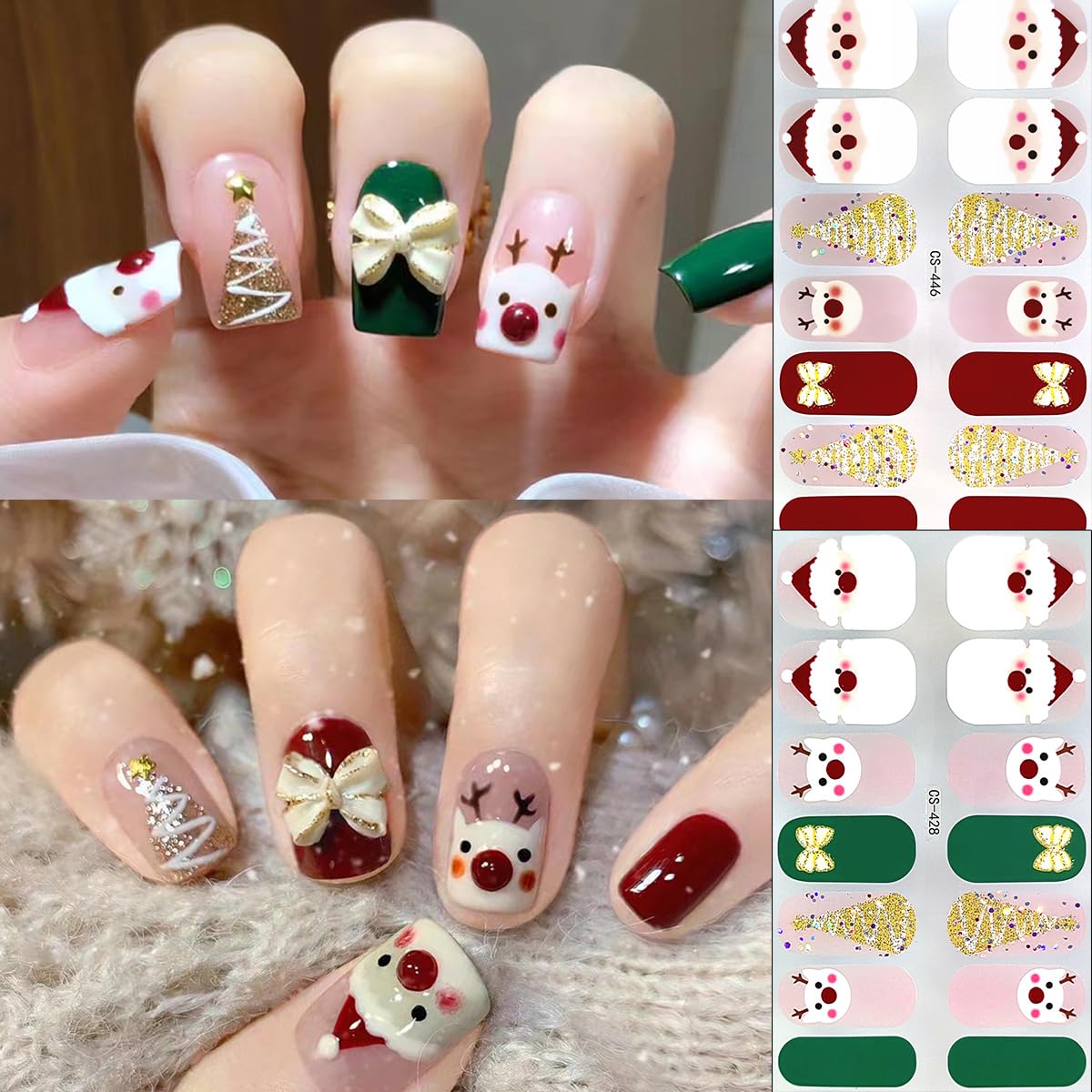 Christmas Gel Nail Strips Stickers Santa Claus Gel Nail Stickers Cute Reindeer Gold Glitter Xmas Trees Design Christmas Full Wrap Winter Gel Nail Decals for Women DIY New Year French Manicure 4Sheets