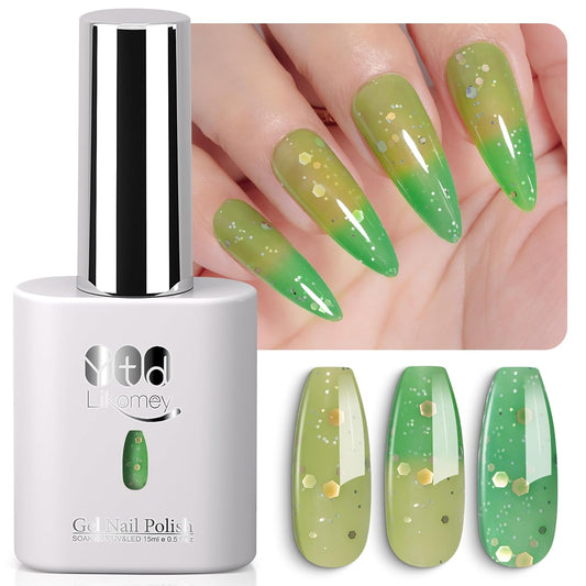 YTD Likomey Color Changing Gel Nail Polish,15ml Grass Green To Bright Green Shimmer Glitter Mood Temperature UV Gel,Fall Winter Yellow Thermal Ombre UV Color Nail Varnish,HEMA Free WB432