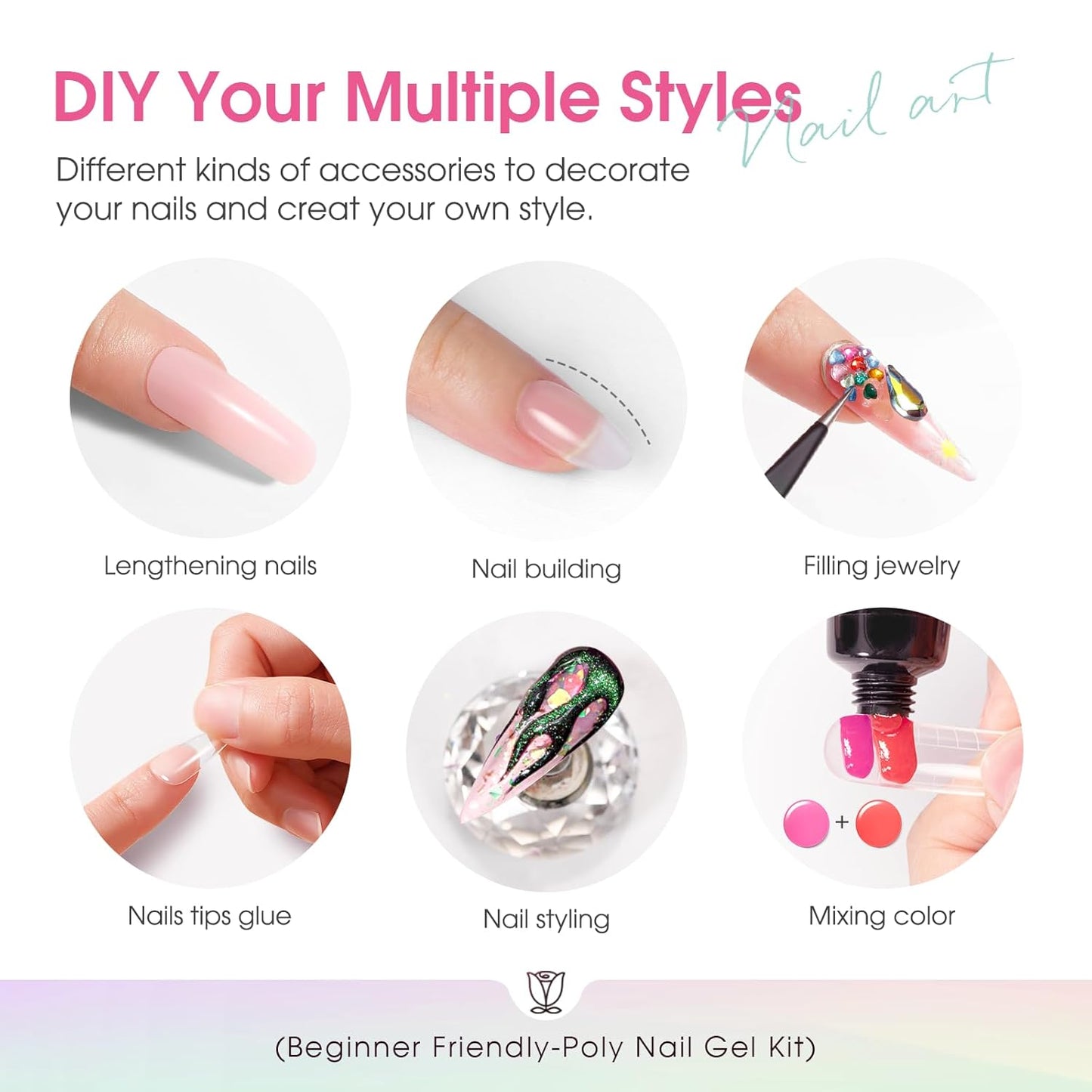 ROSALIND Poly Nail Gel Kit, 14 Colors Clear Nude Glitter Poly Nail Gels Kit with U V Light Poly Nails Gel Starter Kits For All Seasons Beginner DIY at Home