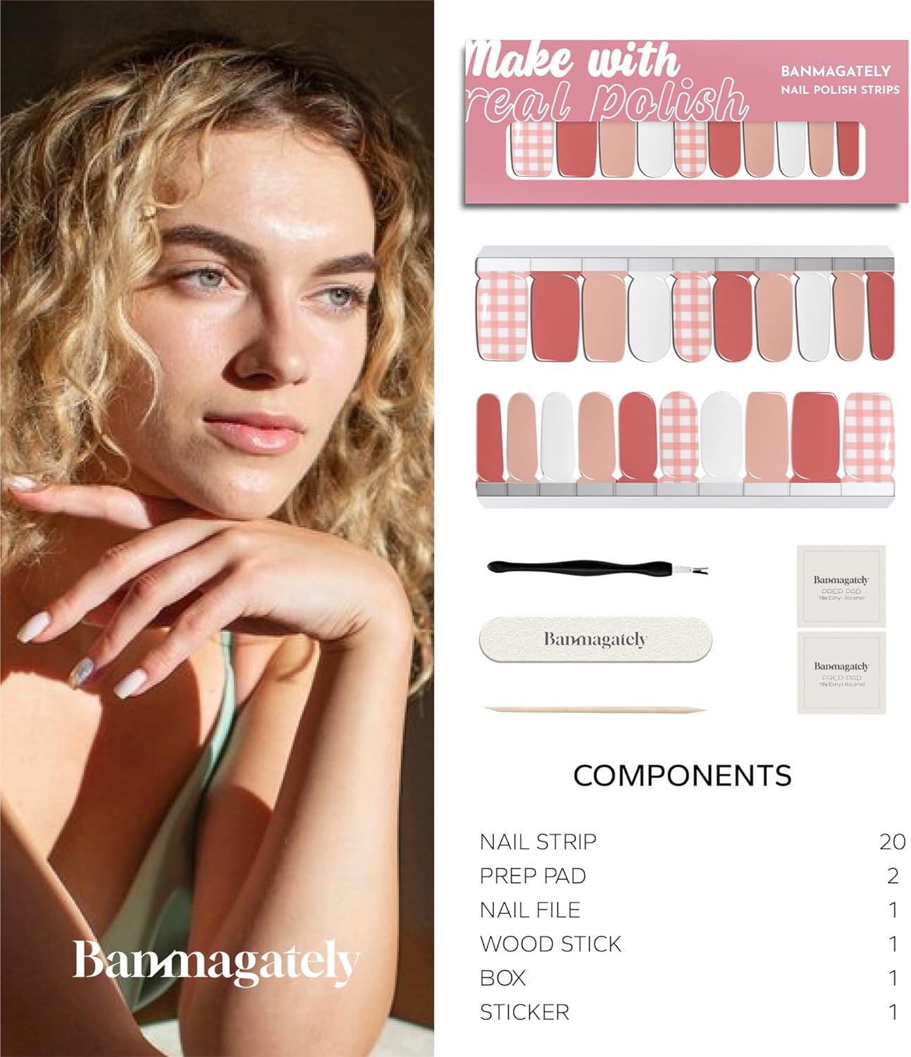 Nail Polish Strips, 20Pcs Salon Quality Gel Nail Stickers, Easy Long Lasting Wraps for Short Nails no UV Light Needed (Multicolor Plaid)