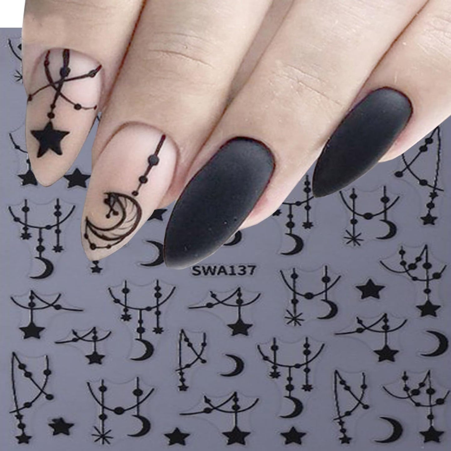 6 Sheets Moon Star Nail Art Stickers 3D Self -Adhesive Hollow Stars Nail Decals Holographic Black & Silver Pendant Star Moon Nail Stickers Unique Nail Decoration for Women Manicure Supplies