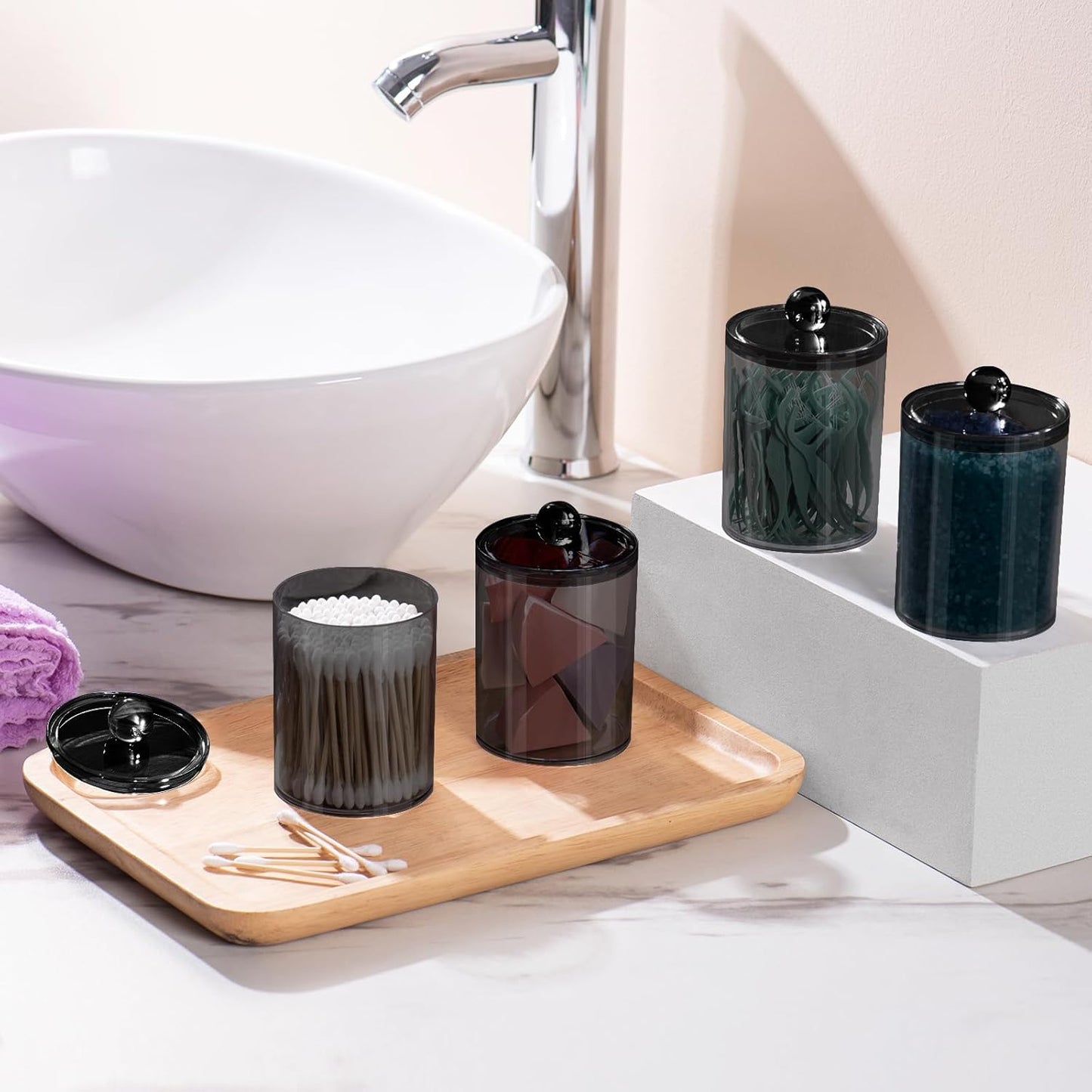 4 Pack Qtip Holder,Canister Apothecary Jar Set, Bathroom Jars with Lids Set for Cotton Swabs, Balls, Pads, Floss Picks,10oz-12oz Plastic Canisters Restroom Bedroom Vanity Organizer(Black)