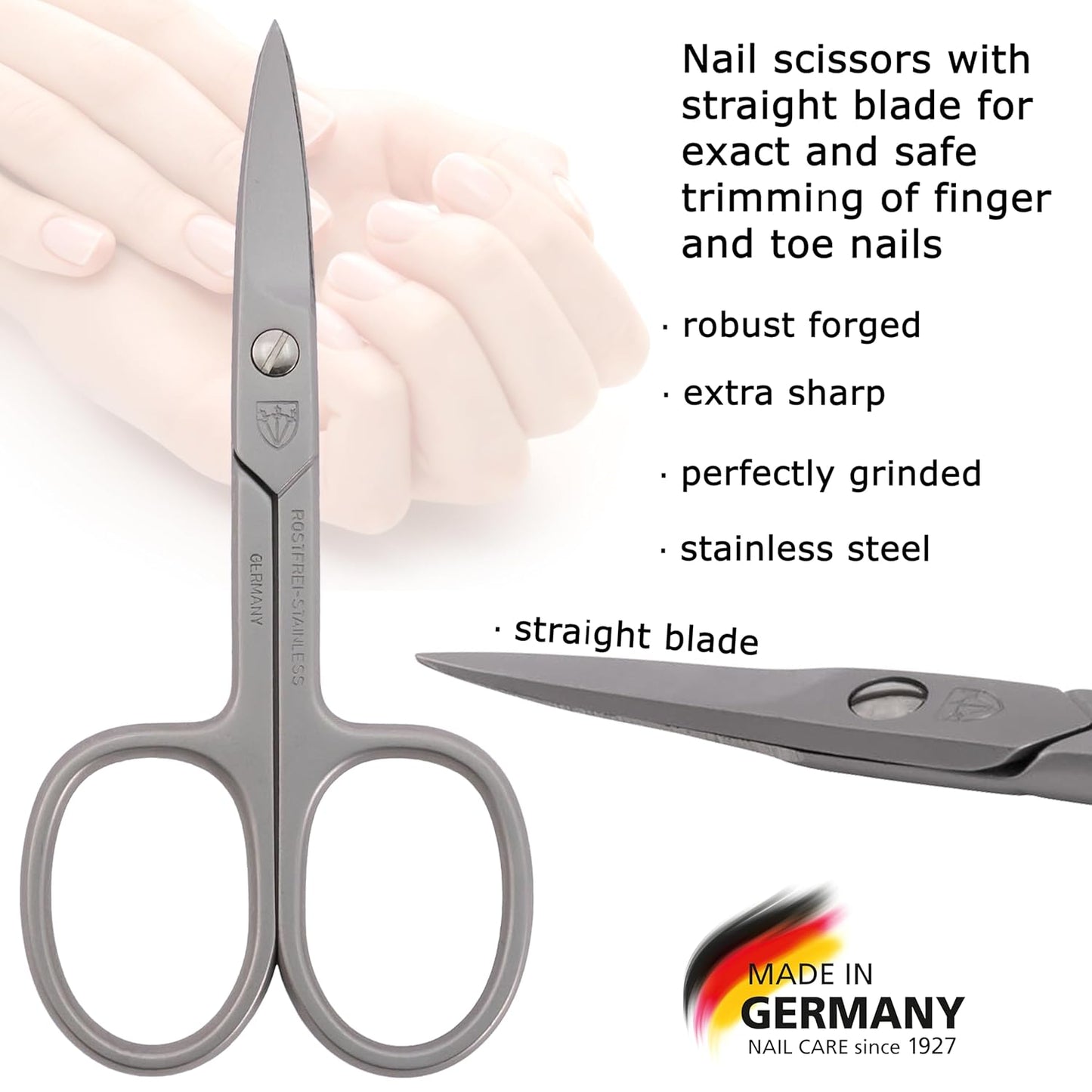 3 Swords Germany - brand quality STAINLESS STEEL INOX STRAIGHT NAIL SCISSORS (1 PIECE) with case for manicure pedicure - nail care by 3 Swords - Made in Germany
