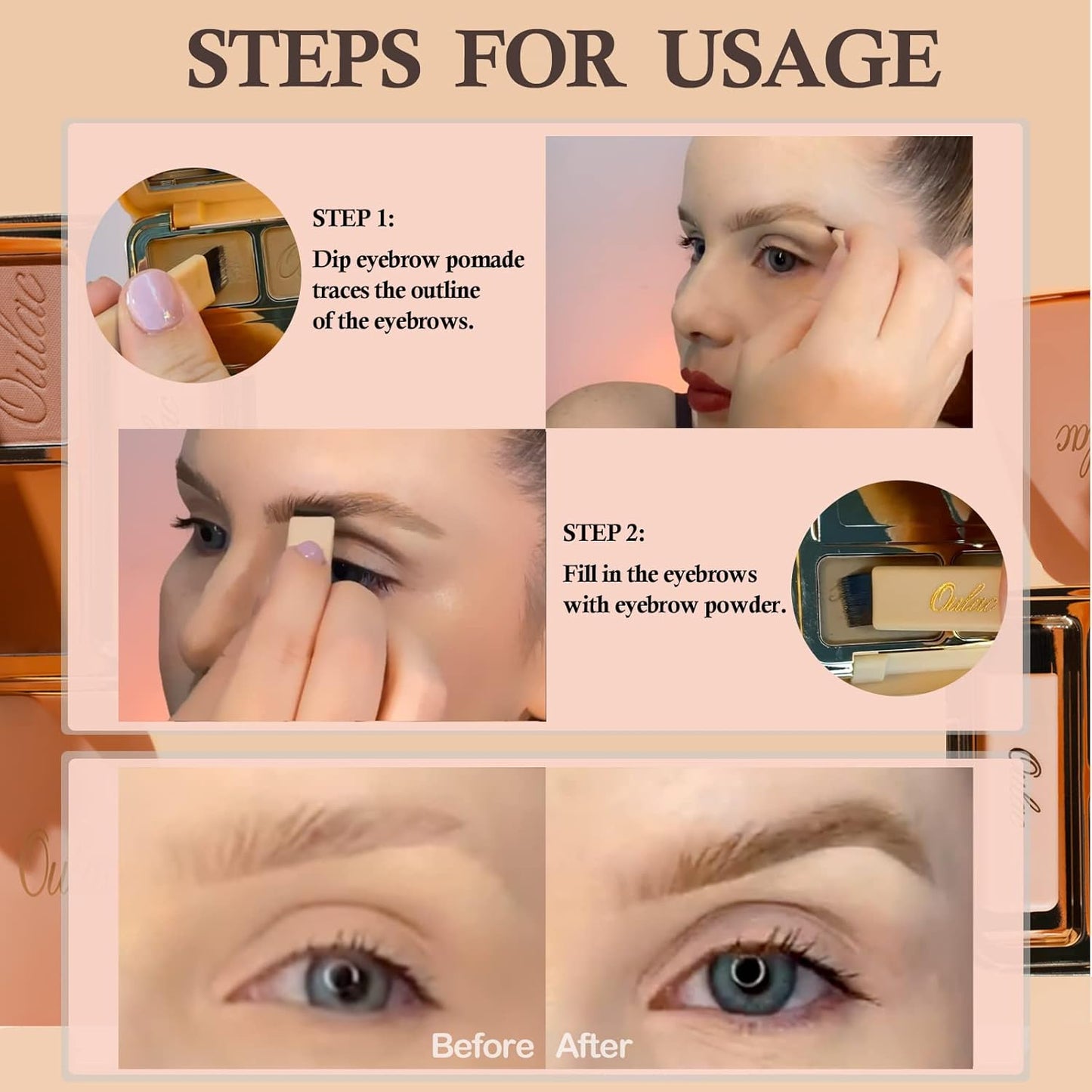 Oulac Waterproof Light Eyebrow Powder Kit with Brow Brush 2 in1 Long Lasting Instant Eyebrow Pomade & Powder Natural Makeup for Sparse Brows 3.2 g/0.11 oz (Golden Blonde）
