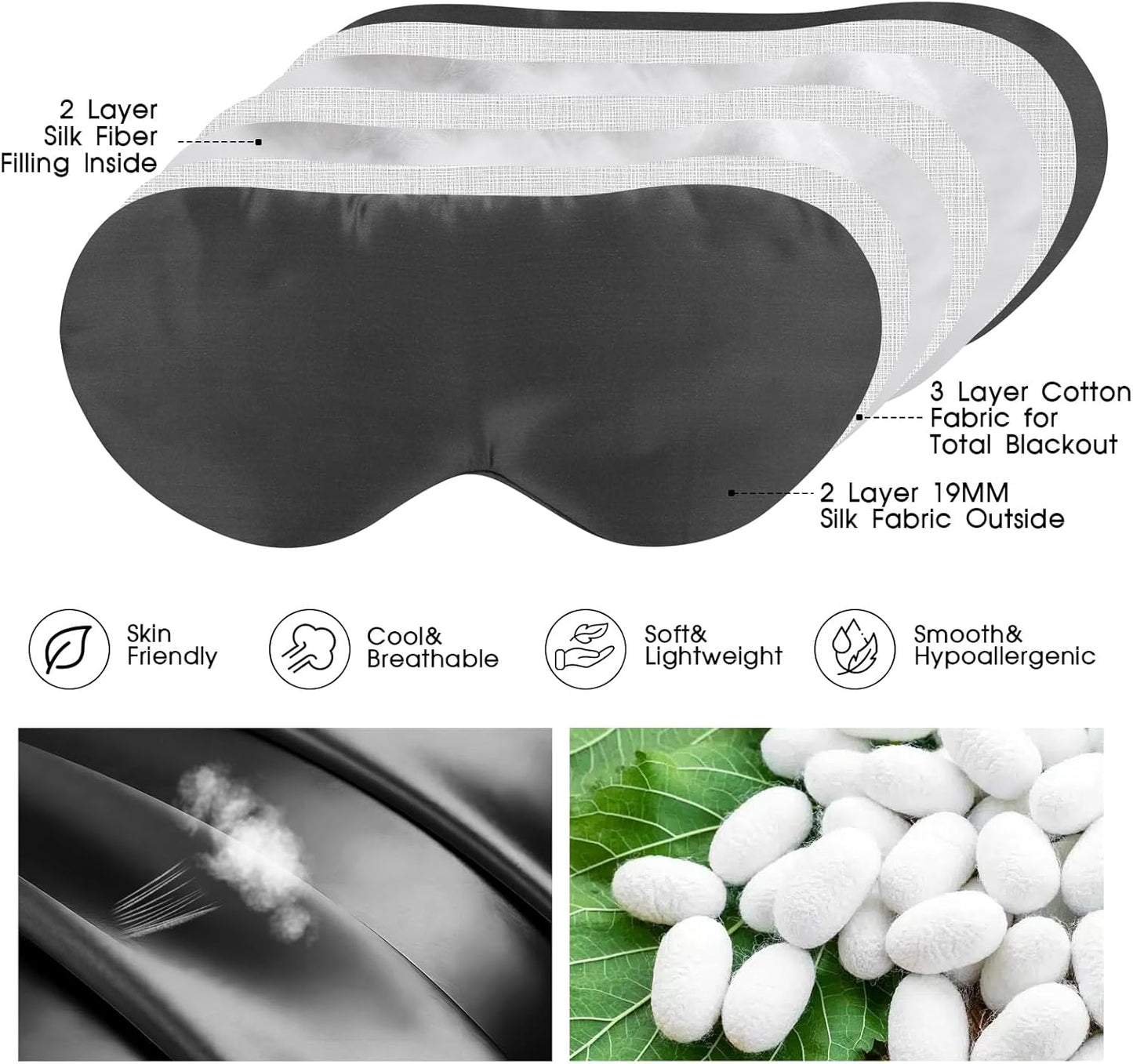 Mulberry Silk Blackout Adjustable Sleep Eye Mask for Men/Women Travel Plane,Charcoal