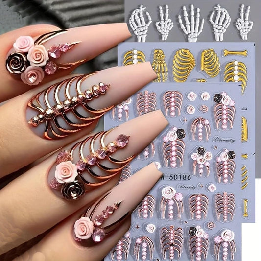 3 Sheets 5D Embossed White Claw Skull Nail Decals Halloween Nail Art Sticker Gold Pink Skeleton Nail Stickers 5D Self-Adhesive Hand Bone Nail Supplies Holiday Nails Accessories for Women DIY Manicure