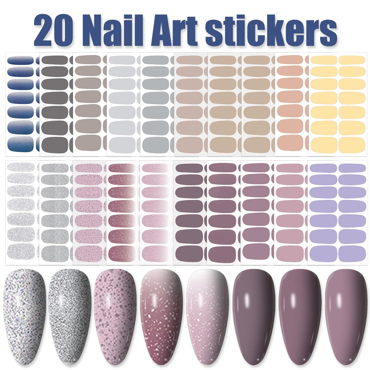 WOKOTO 20 Sheets Self-Adhesive Nail Polish Stickers with 1pcs Nail File Full Nail Wraps Nail Art Stickers Gray Series Gel Nail Strips Kit for Girls Women Stick On Nails Polish Strips for Nails