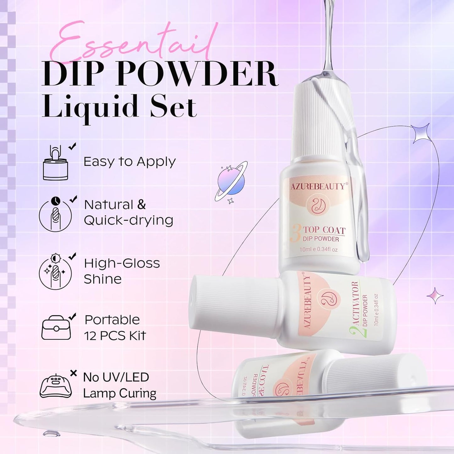 AZUREBEAUTY Dip Powder Nail Kit Starter, Pastel Lavender Pink Glitter, 4 Colors Spring Summer Dipping Powder Set, French Nail Art Base Top Activator Liquid Manicure DIY Salon 12 PCS