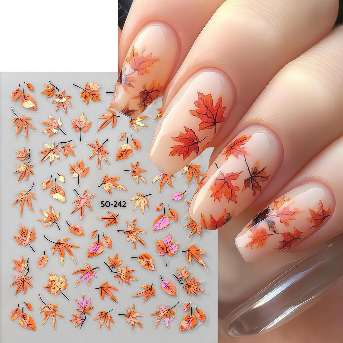 5 Sheets Fall Nail Art Stickers Autumn Maple Leaf Nail Decals 3D Self-Adhesive Thanksgiving Day Maple Leaf Nails Decals with Gold White Orange Green Leaves Nail Stickers for Women Manicure Decoration