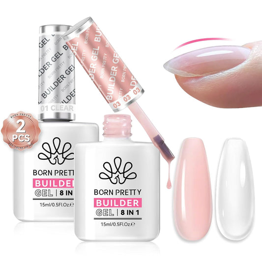 Born Pretty Builder Gel for Nails 8-in-1，15ML Clear and Cover Pink Builder Nail Gel Set, Transparent Extension Gel Rhinestone Glue for Nail Art Base Gel, LED Nail Lamp Cured Hard Gel Builder