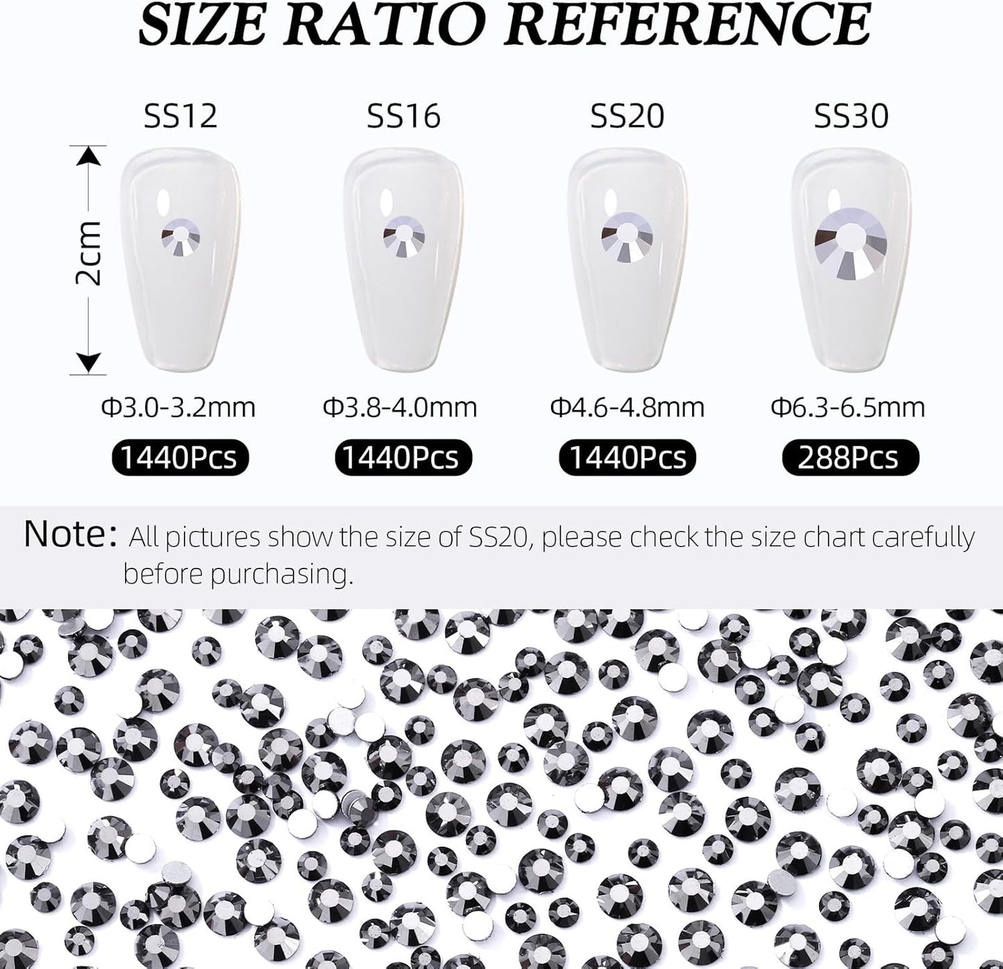 Black Hematite Flatback Rhinestones, Glass Rhinestones for Nail Art and Craft, Glue Fix, Loose Crystal Gemstones(Black Hematite, SS20, 1440pcs, 4.6-4.8mm)