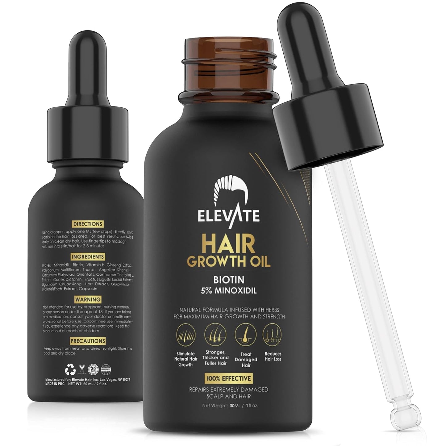 Elevate Hair Regrowth Treatment 5% Minoxidil Solution - Biotin Serum Hair Growth Oil for Men & Women - Thicker Fuller Stronger Hair - Stops Hair Loss & Thinning - Natural Hair Thickening Treatment 1oz