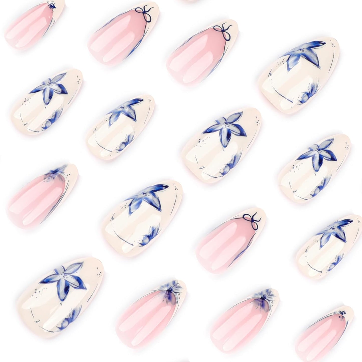 French Short Press On Nails Almond, Nude Fake Nails with Beige French Tip and Graceful Blue Floral Petal Design, Glossy Gel Finish Acrylic Nails, Natural Reusable Glue On Nails Kit for Women, 24 Pcs