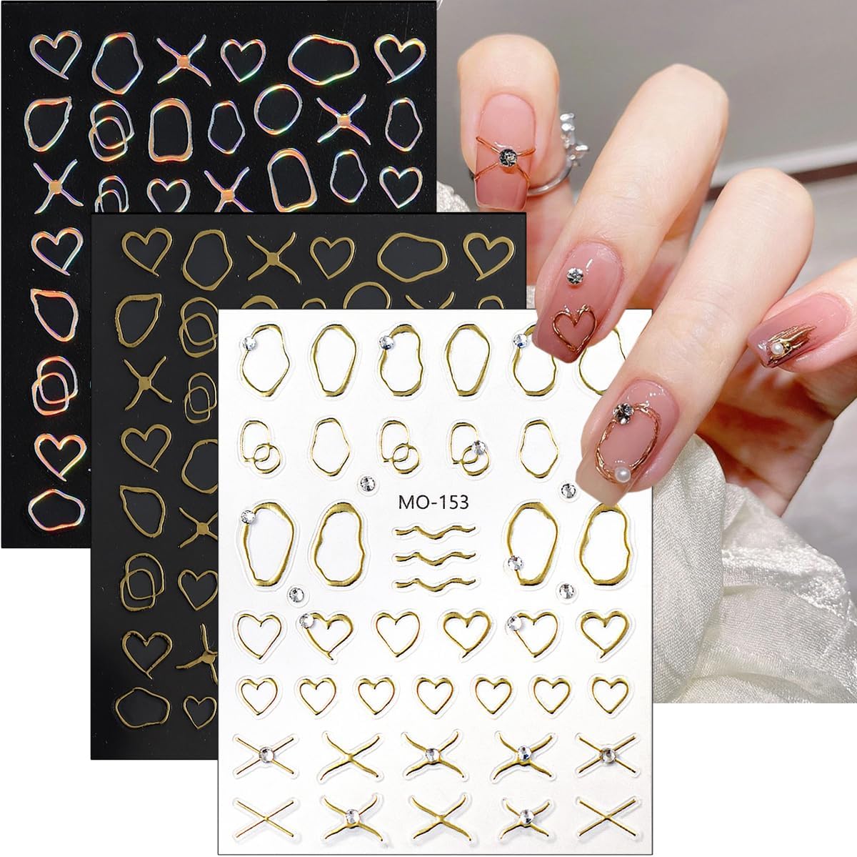Simple French Nails Art Stickers Heart Lines Nail Decals 3D Self Adhesive Hollow Geometric Frame Nail Stickers with Diamond Design Stripe Nail Supplies Bronzing French Decoration for Women 5Pcs