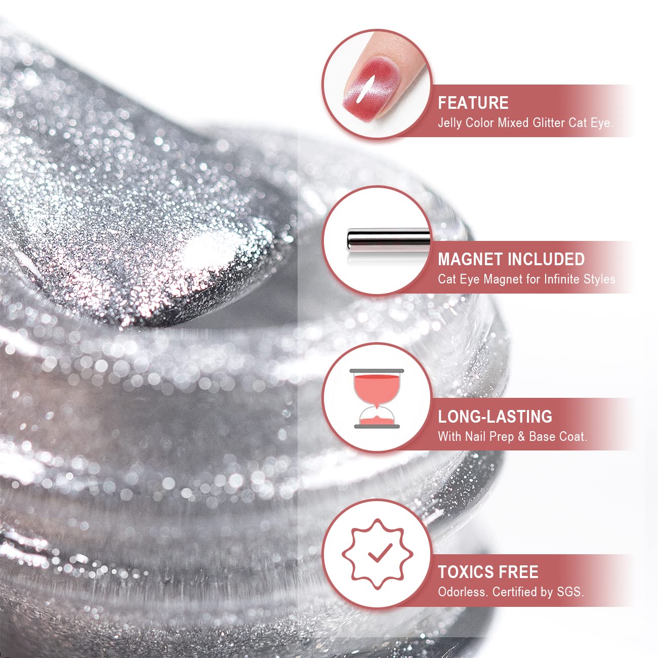 RARJSM Cat Eye Gel Nail Polish Nude Red 9D Cateye Galaxy Universal Glitter Shimmer Velvet Ice Gel Polish 15ml Single Bottle with Magnetic Stick UV LED Curing Requires Soak Off Home Salon DIY Manicure