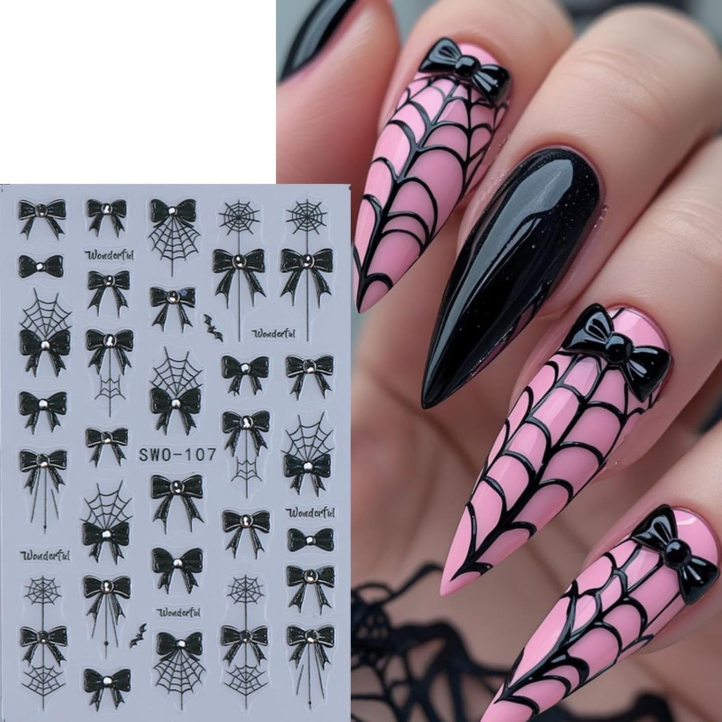 2Pcs Halloween Nail Art Stickers Decals 5D Embossed Halloween Spider Web Nail Decals Black Spider Web Bow Pattern Nail Designs Y2K Style Nail Supplies for Women Manicure Tip Decorations Accessories
