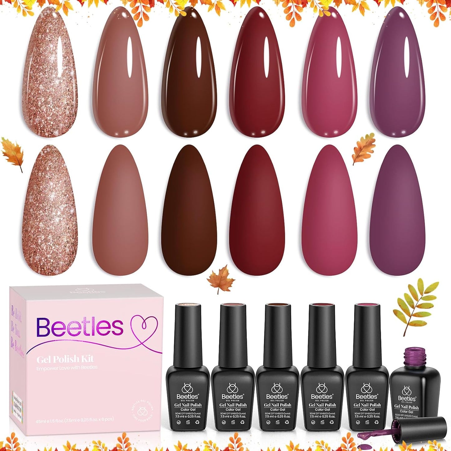 Beetles Fall Gel Nail Polish Set Plum Burgundy Red Brown Glitter 6Pcs Gel Polish Kit Soak Off UV LED Nail Lamp Art Manicure Salon DIY Home Gifts for Women Silent Flower