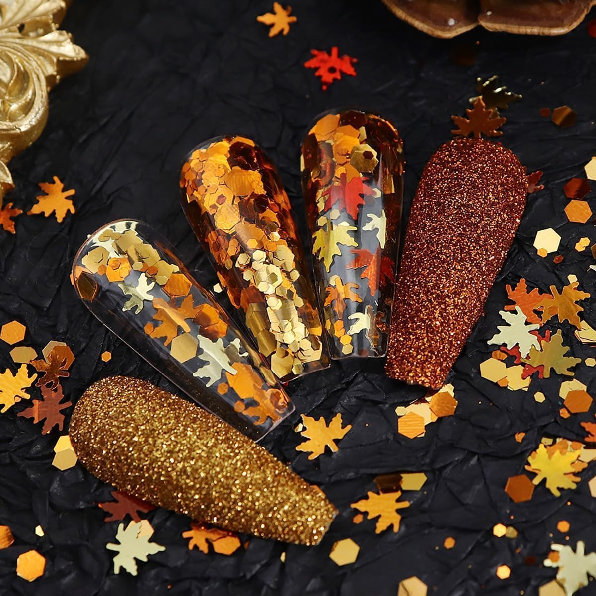 Fall Leaf Glitter Nail Sequins,3 Boxes Holographic Maple Leaf Nail Art Flakes Orange Red Gold Autumn Glitter Sticker Decals Manicure DIY Thanksgiving Decorations 36 Styles