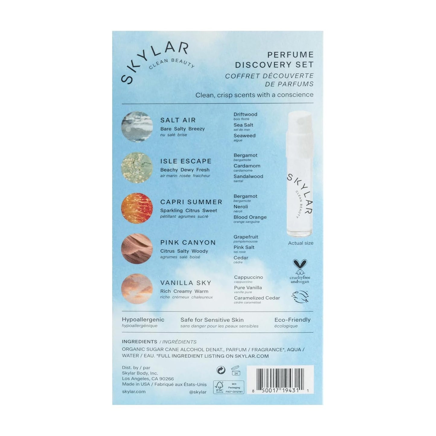 Skylar Perfume Discovery Spray Sampler Set - Salt Air, Isle Escape, Capri Summer, Pink Canyon, Vanilla Sky- Hypoallergenic & Clean Perfume for Women & Men - 5 1.5mL