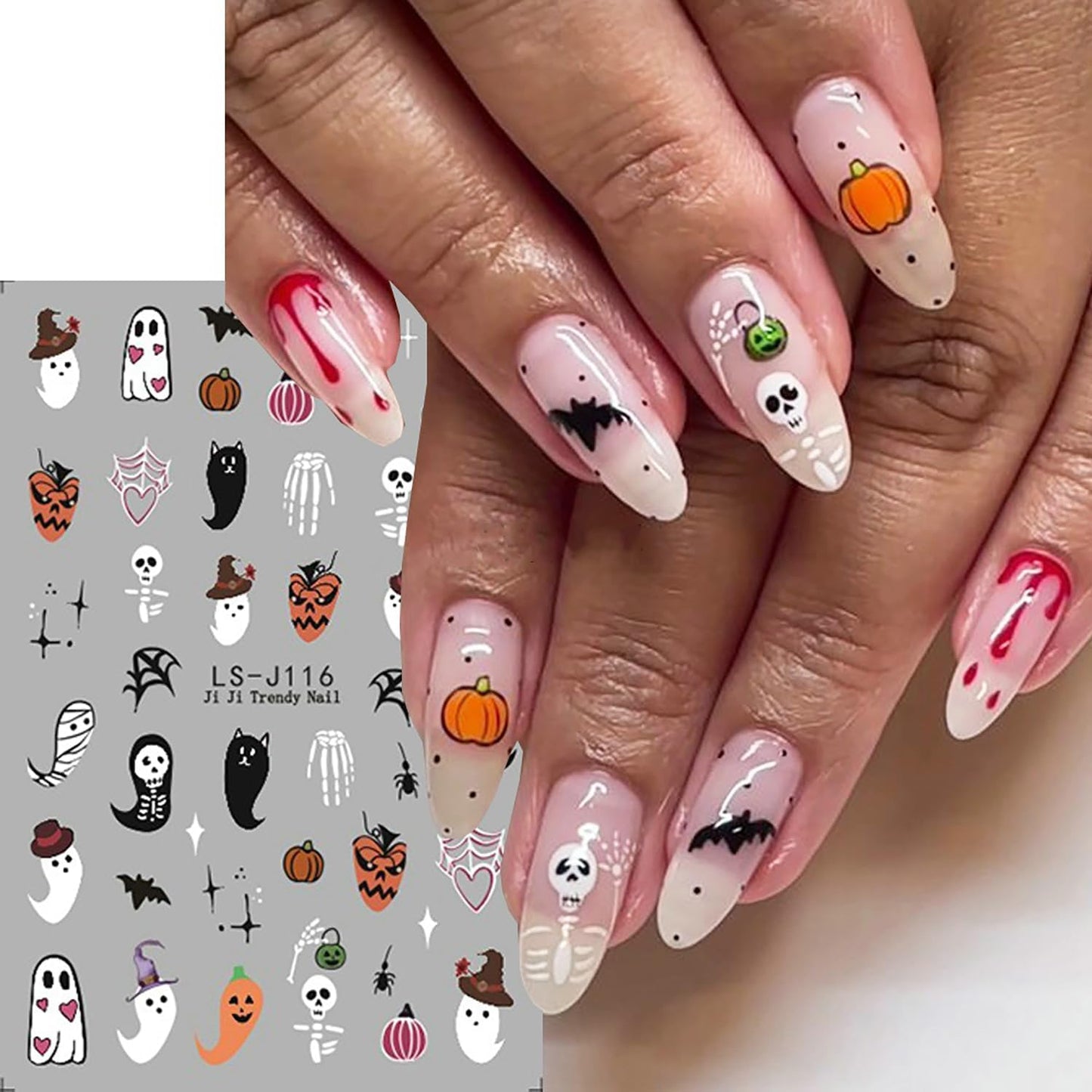 Halloween Nail Art Stickers 6 Sheets Cute Ghost Pumpkin 3D Self-Adhesive Nail Decals Bat Cat Skull Designs Nail Decorations Halloween DIY Manicure Supplies for Women Girls&Kids