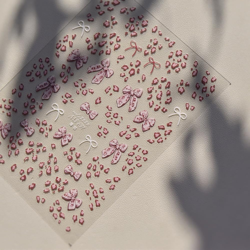 Pink Leopard Bow Nail Art Stickers 3D Embossed Fall Winter Nail Stickers, Self-Adhesive Durable Nail Art Decals for Women Girls, Nail Wraps Decoration Manicure for DIY Acrylic Nail Accessories