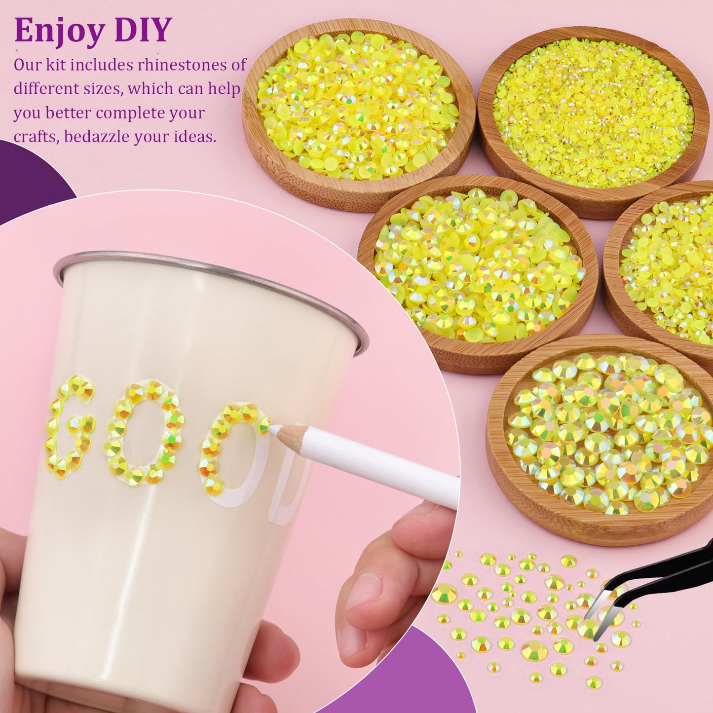 Resin Jelly Rhinestones for Crafting with B7000 Jewelry Glue, 2 Boxes Lemon Yellow AB Flatback Crystals with 3Pcs 10ml Glue, Bedazzling Non Hotfix Gems for DIY Tumblers Clothing Shoes Manicure