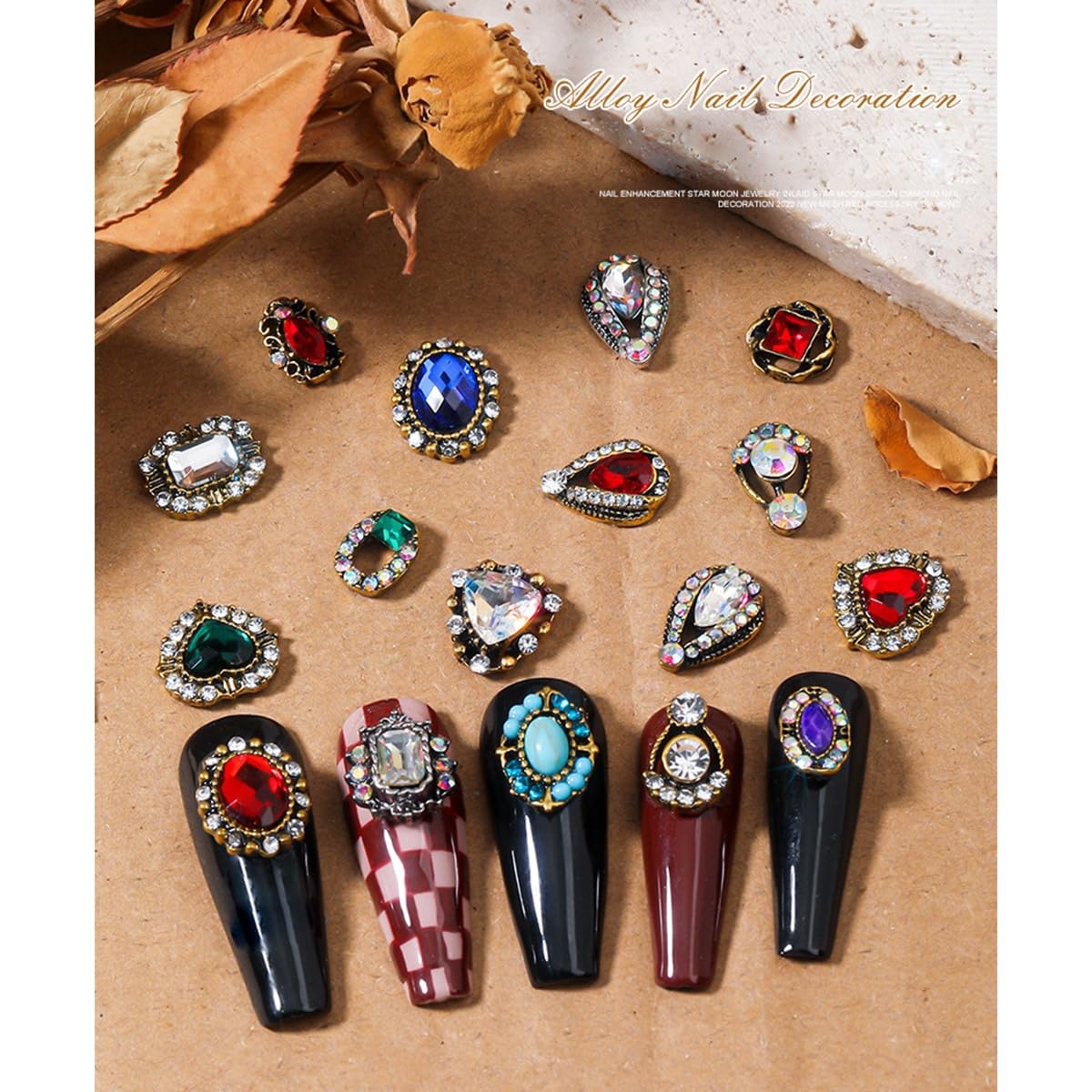 24 Pcs Retro Gold Nail Charms, qiipii 12 Pair 3D Alloy Luxury Nail Gems Elegant Heart Retro Rhinestones for Nails Golden Nail Crystals Diamonds Stones, Nail Art Supplies for Nails Decoration Crafts