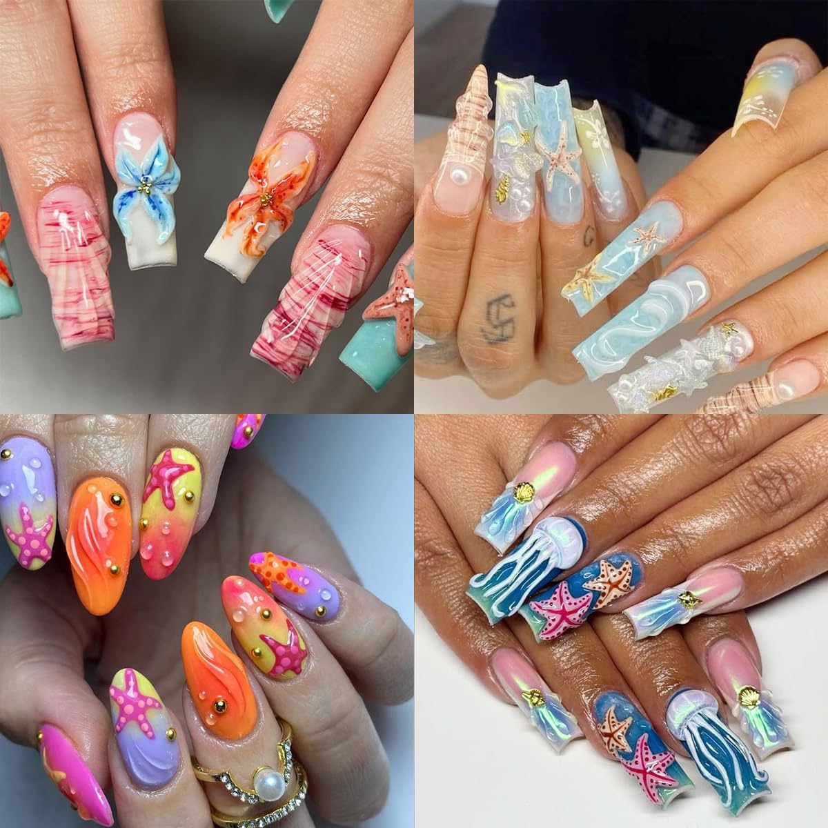 3 Sheets 5D Embossed Summer Nail Stickers for Nail Art Beach Nail Art Stickers Self-Adhesive Colorful Starfish Jellyfish Shell Sea Turtle Coconut Tree Designs Ocean Nail Decals for Women Acrylic Nails