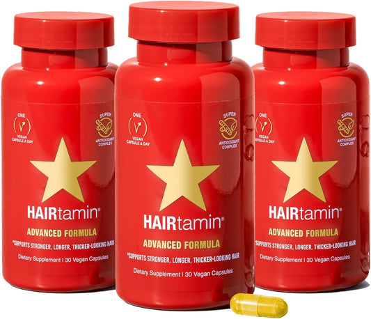 HAIRtamin Advanced Formula Hair Growth Supplement for Women & Men, Supports Stronger, Longer, Visibly Thicker Hair, With 5000 mcg Biotin, Vitamins & Antioxidants, 100% Vegan – 3 Month Supply