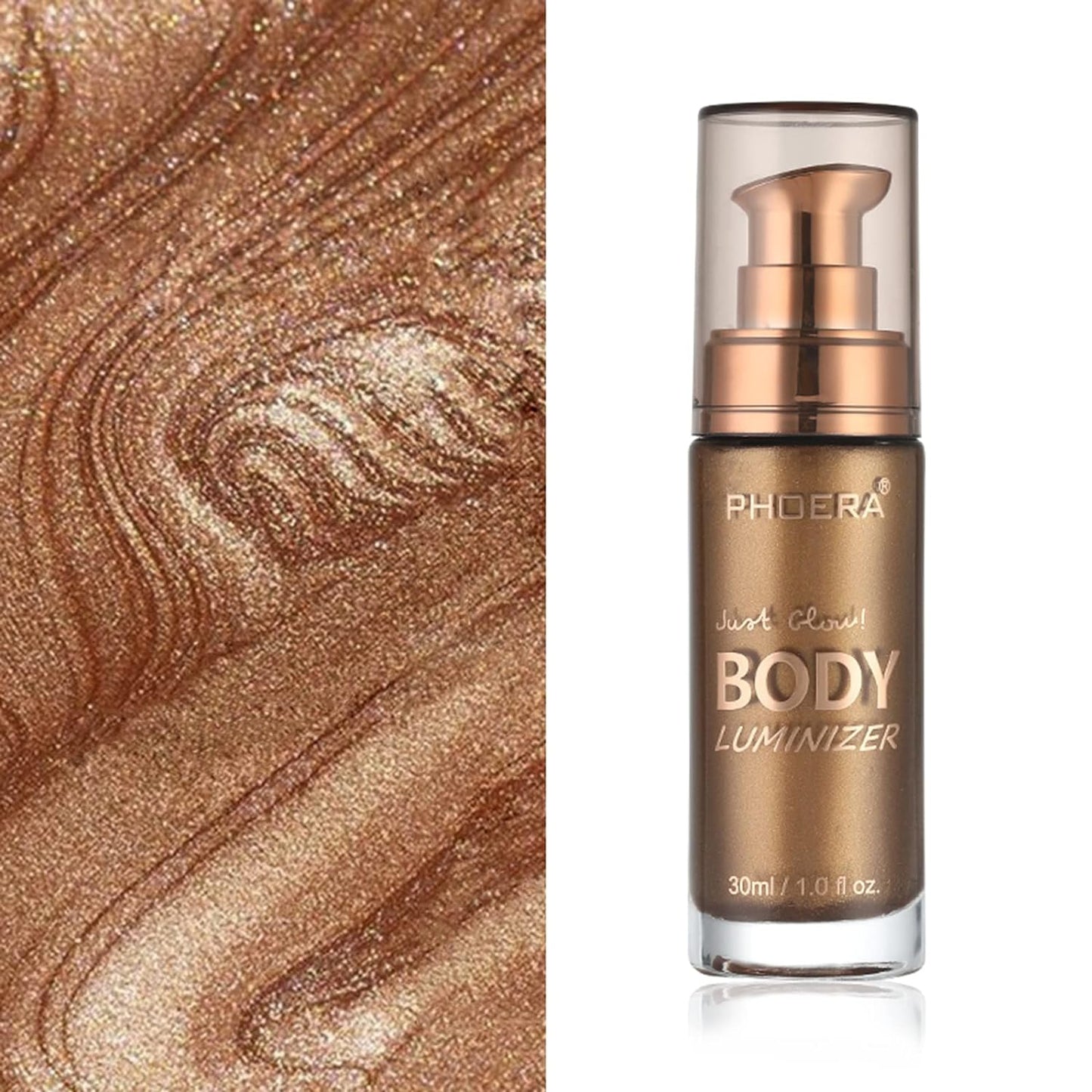 Body Shimmer Oil, Glistening Bronze Natural Glow Luminizer, Long Lasting Waterproof Moisturizing Liquid Illuminator Highlighter Makeup for a Sun-Kissed Glow, Brush Include, 1oz, Medium