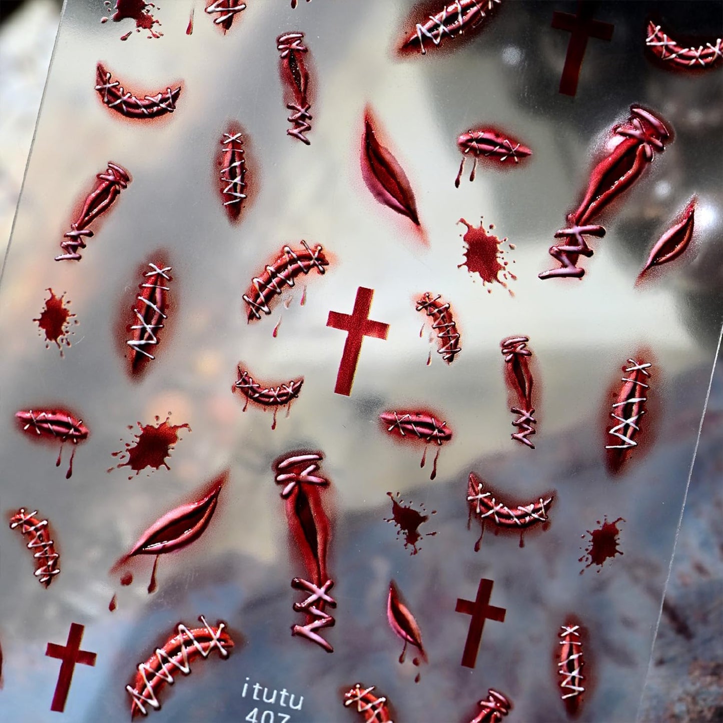 Halloween Nail Stickers for Nail Art Scary Stitch Nail Art Stickers Cross Blood Red 5D Embossed Wound Nail Decals Self-Adhesive Nails Supply Manicure Sliders Devil for Nails Decoration