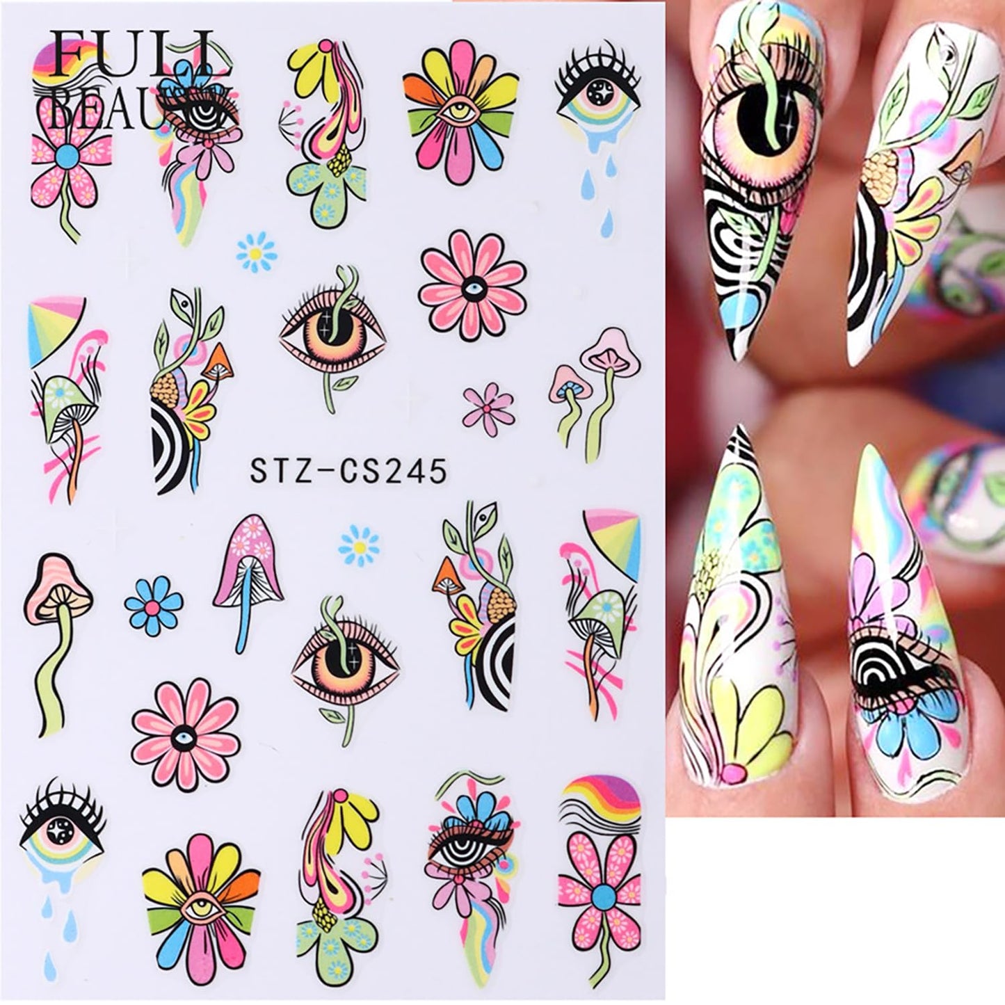 8 Sheets Nail Art Stickers Graffiti Flower Evil Eye 3D Self-Adhesive Nail Decals Rainbow Mushroom Star Moon Designs Nail Decorations Summer Nail Stickers Colorful Nail Supplies for Women DIY Manicure
