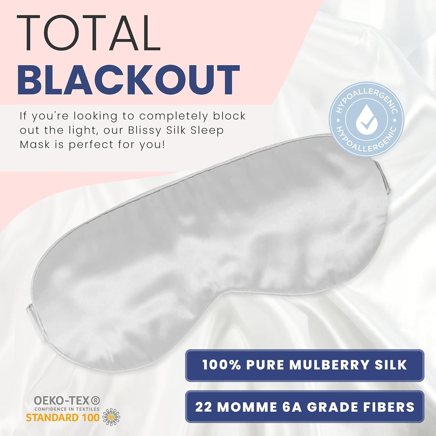 Blissy Silk Sleep Mask - Silk Eye Sleeping Mask for Women & Men for Total Blackout - 100% Pure Mulberry Silk, 22 Momme 6a Fibers - Blindfold Silk Sleep Mask Side Sleeper Eye Cover (Silver)