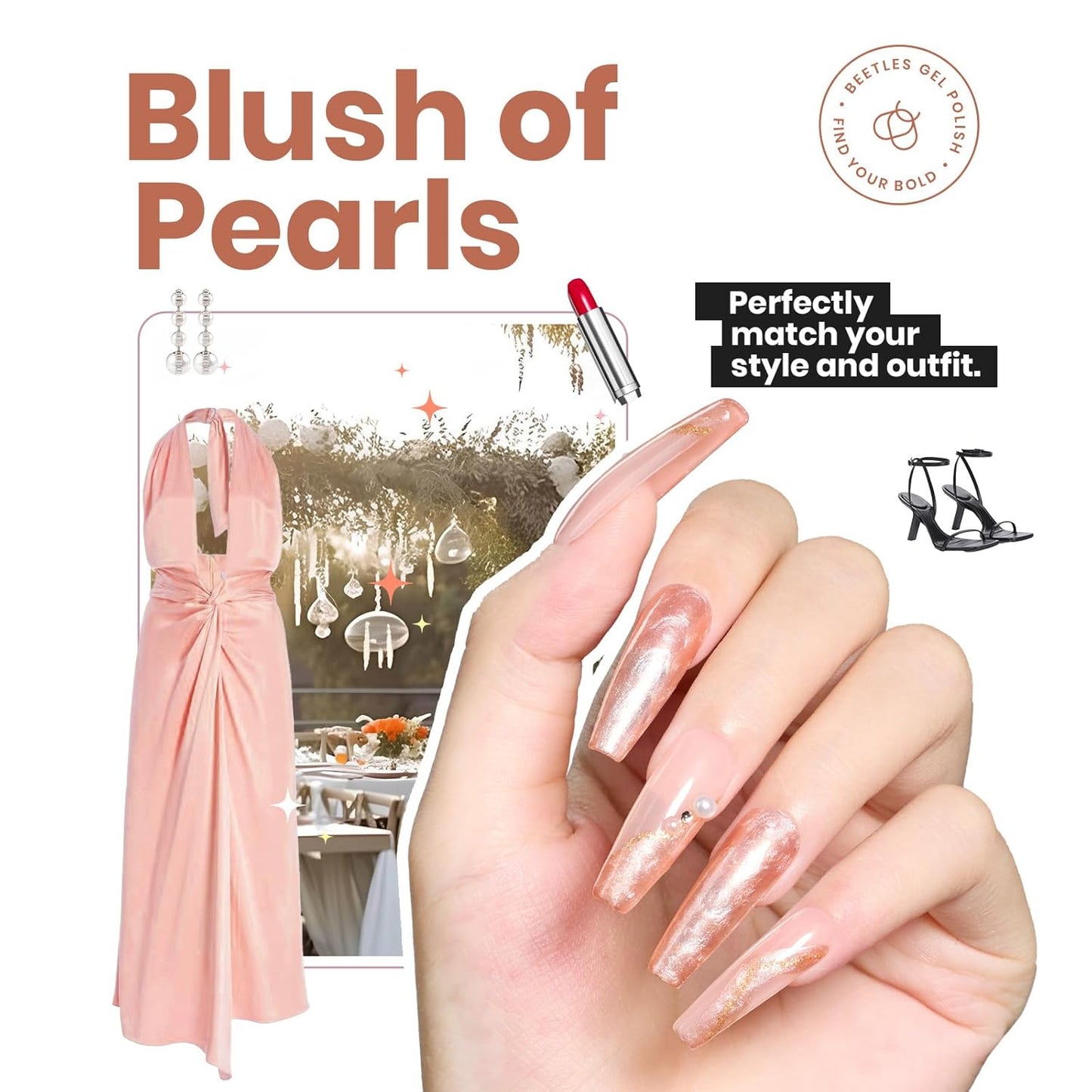 Beetles Pearl Nail Polish, 15ml Blush of Pearls Nail Polish, Champagne Pearl Color Fast Drying & Long Lasting Nail Lacquer Shimmer Art Effect for DIY Nail Salon-Quality Results