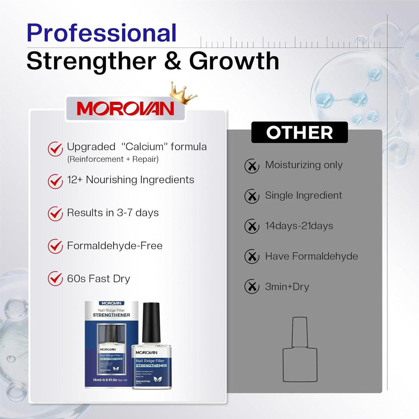 Morovan Nail Strengthener and Growth: Nail Polish Hardener for Damaged Nails Treatment Natural Keratin Repair Ridge Filler Prevents Discoloration Crack Thin Essential Manicure Nail Care Women