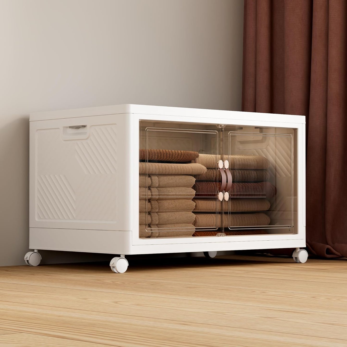 JOYMOOP Folding Storage Bins Organizer, 84 Quart Collapsible Storage Box with Wheels and Door, Stackble Plastic Storage Container for Clothing, Books and Sundries (XXL, 21 Gal, 1 Tier)