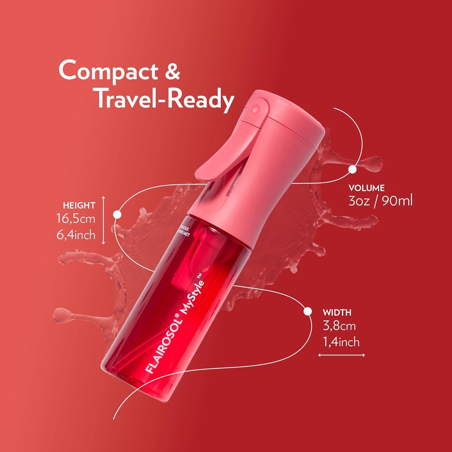 FLAIROSOL MyStyle, Spray Bottle for Hair - Small Travel Spray Bottle, Ultra Fine Continuous Water Mist for Face, Hairstyling, Salon, Cleaning, Beauty, Toners, Hydration & Makeup, 3.04oz / 90ml, Pink