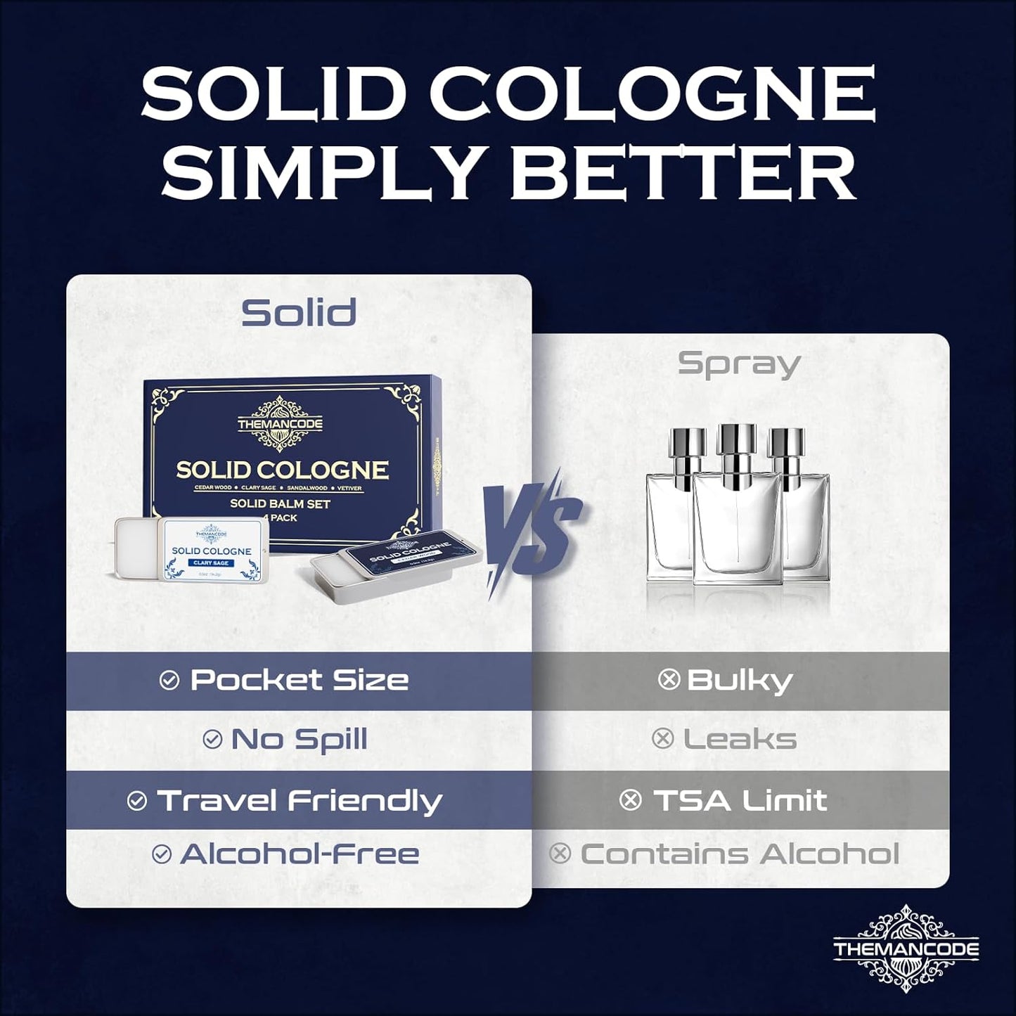 Solid Cologne for Men, Stocking Stuffers, Gifts for Men, Sandalwood, Vetiver, Cedarwood, Sage Scents, 4 Pack