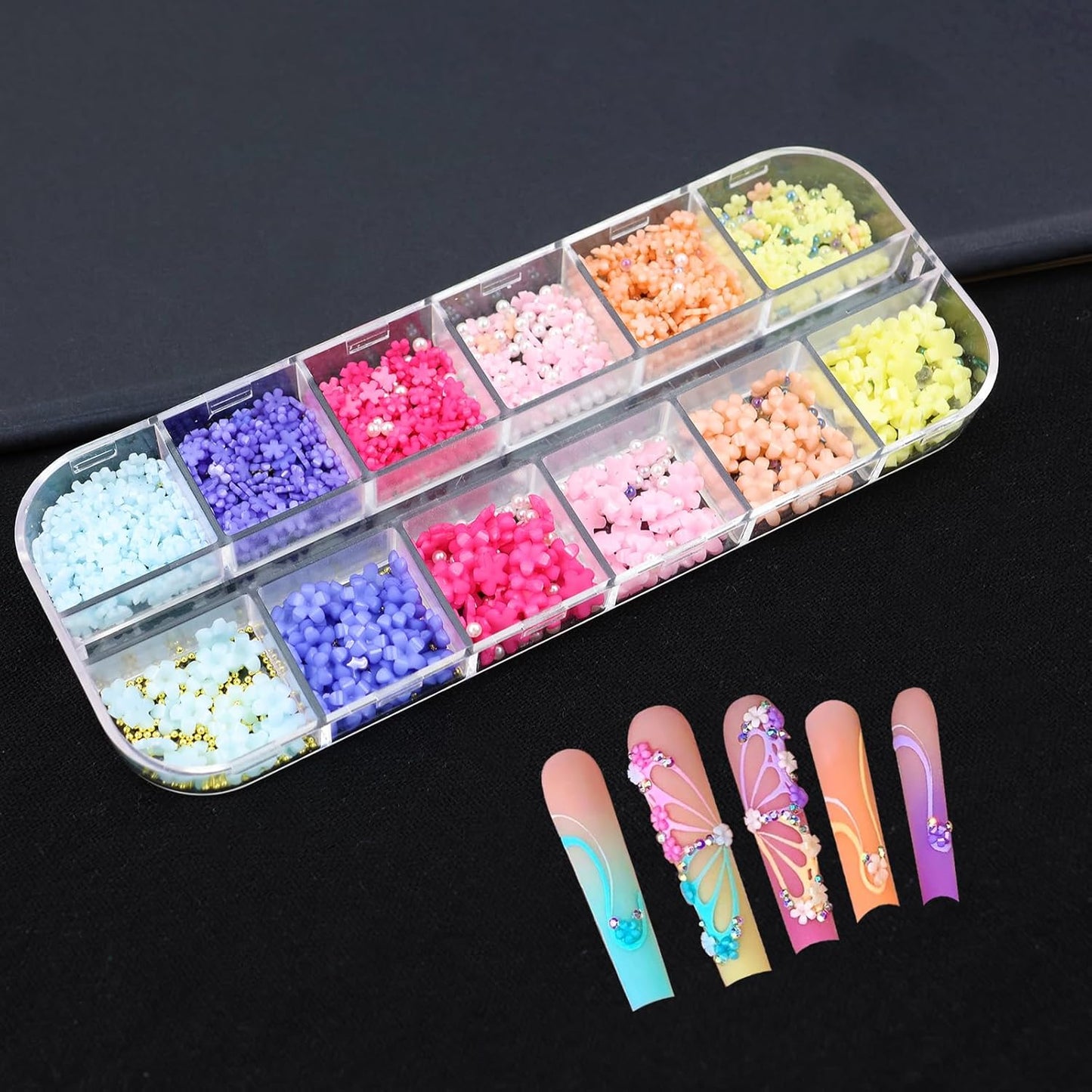 3D Pink Pastel Acrylic Flower Nail Charms - Mixed Rhinestones Kit with Gold Caviar Beads & Crystal AB Color Gems