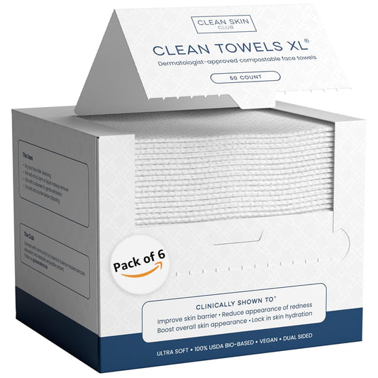 Clean Skin Club Clean Towels XL®, 100% USDA Biobased Face Towel, Disposable Face Towelette, Eczema Association Accepted, Makeup Remover Dry Wipes, Ultra Soft, 50 ct per pack, 6 Packs, 300 Ct Total