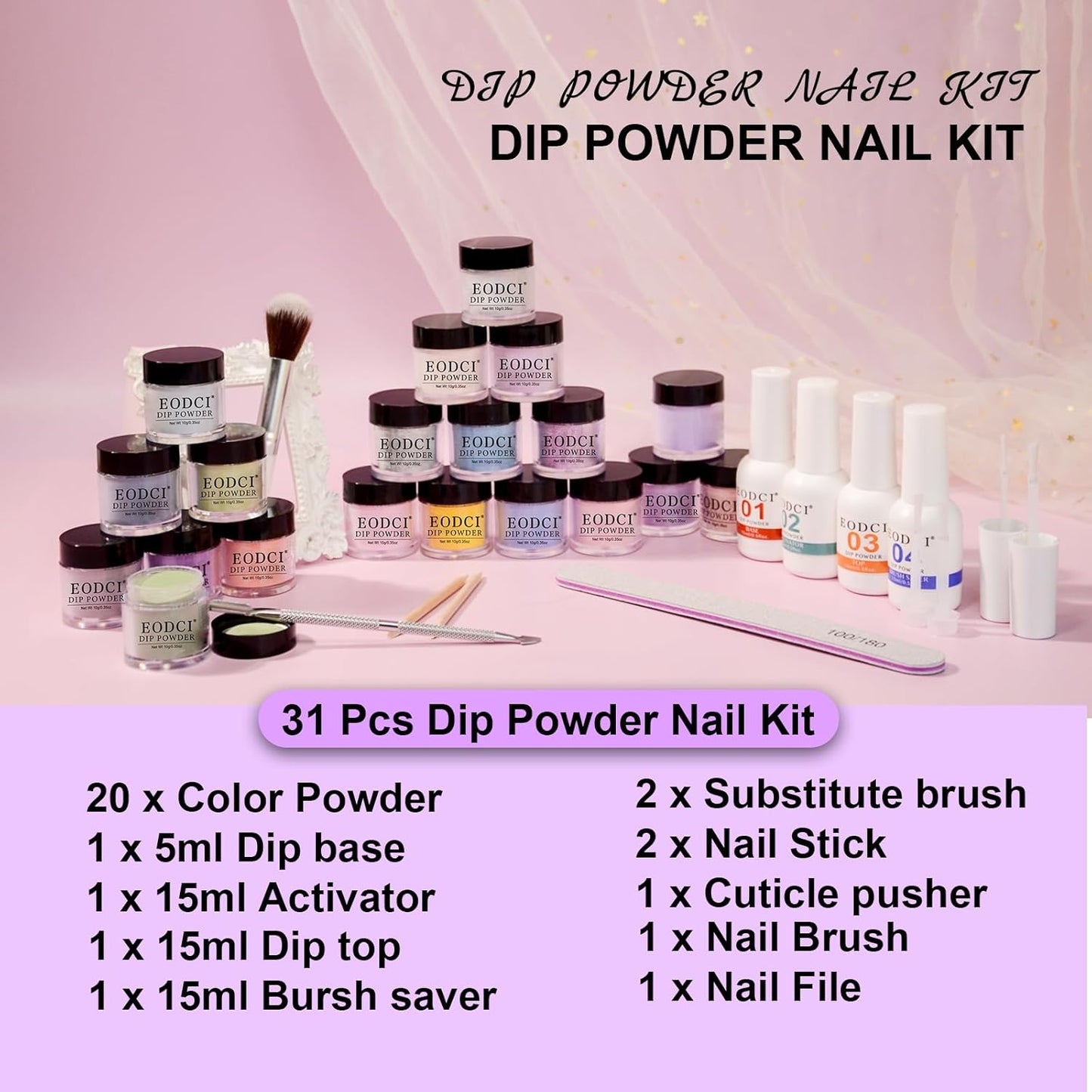 31 Pcs Dip Powder Nail Kit, 20 Colors Glitter Nude Pink Green Gray Dip Powder Liquid Set with Top/Base Coat Activator for French Nails Art Manicure DIY Salon, No Needed Nail Lamp Curing