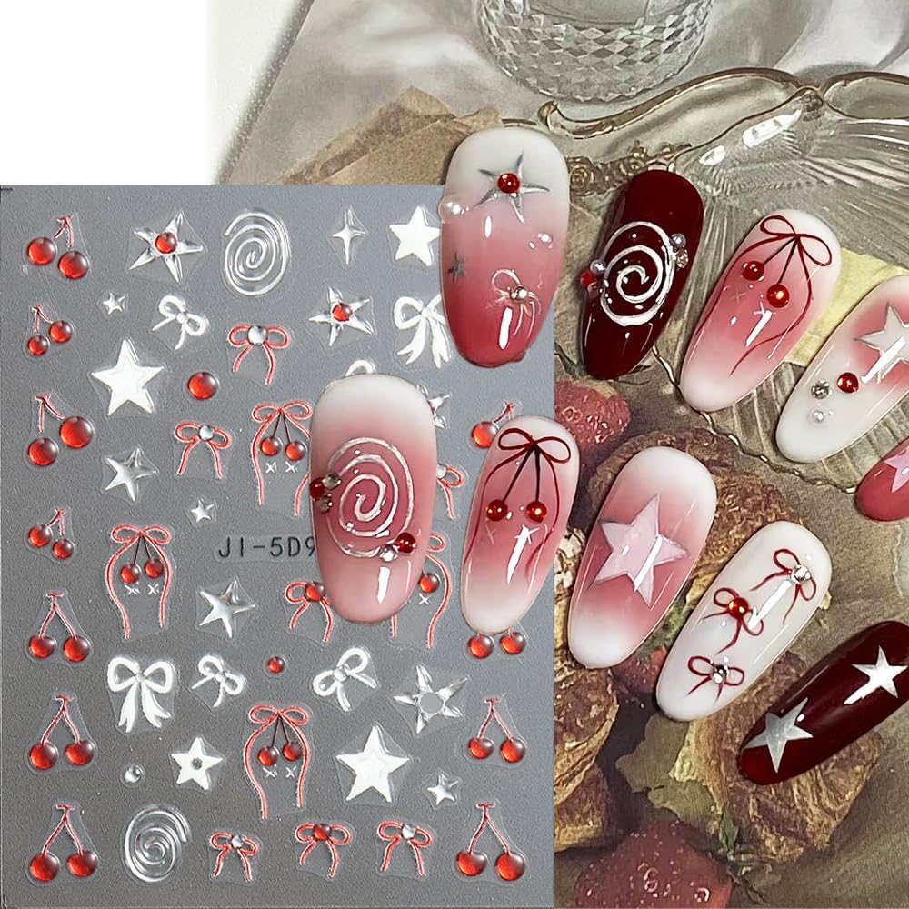 Cherry Nail Stickers 5 Sheets Cherry Blossom Nail Decals Spring Summer Fruits Nail Decoration 5D Embossed Stickers for Nail Art Bows Stars Butterfly Flowers Nail Stickers Manicure Supplies