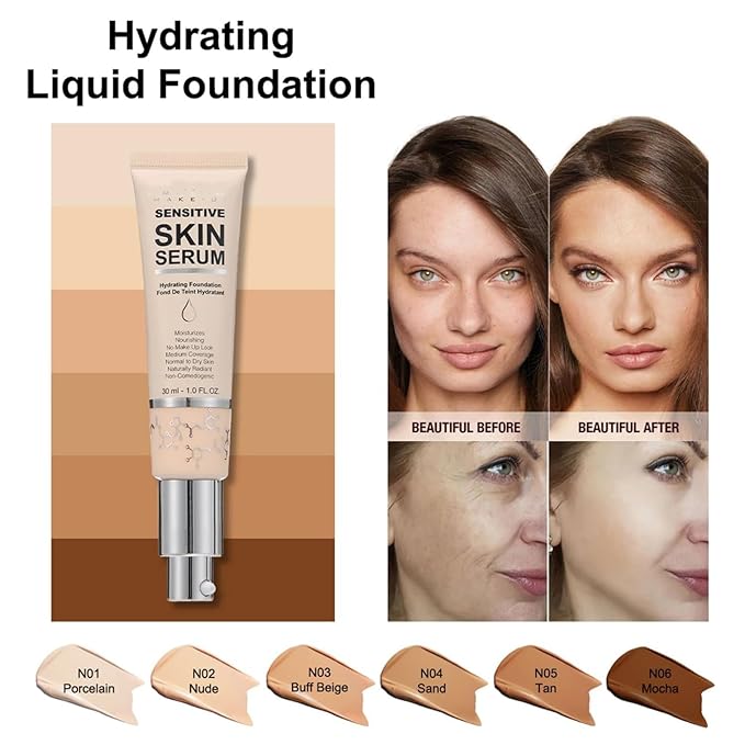 MAEPEOR Hydrating Foundation 6 Colors Full Coverage Liquid Foundation Naturally Mattle Oil-Control Foundation for All Skin Tone (05 Tan)