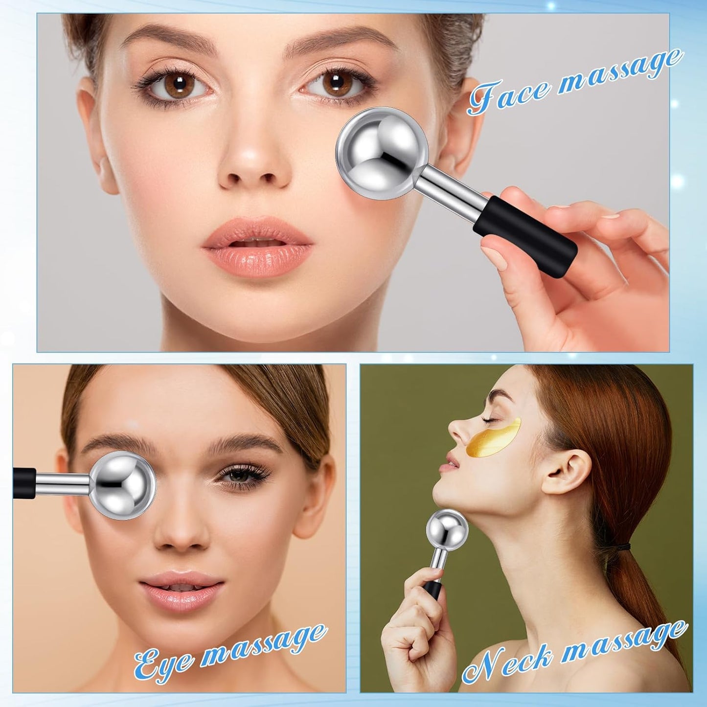 Baderke 2 Pcs Ice Globes for Face Stainless Steel Cooling Globes Unbreakable Cooling Roller Women Ice Balls Cryo Sticks Face Skin Care for Dark Circles, Puffiness(Silver (black Handle))